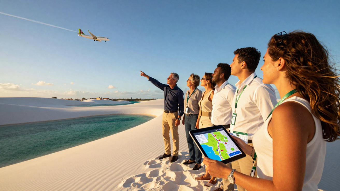 Grupo de cinco pessoas na praia a observar avião a voar ao pôr do sol, com tablet de mapas na mão.