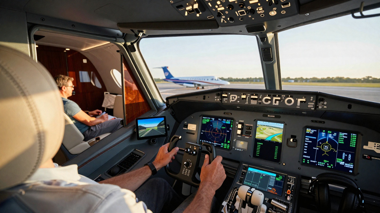 Interior de cockpit de avião com piloto nas mãos nos comandos e outra pessoa sentada à janela.