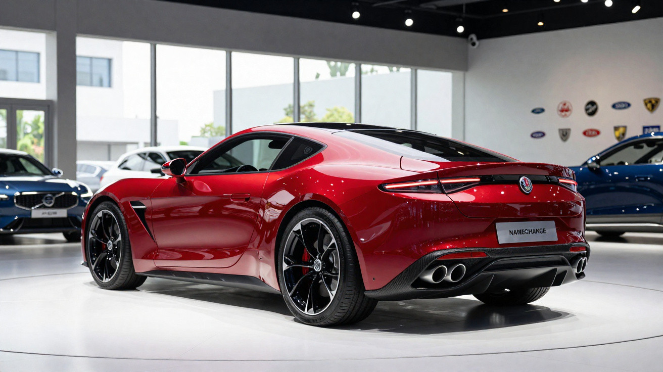 Carro desportivo vermelho brilhante estacionado em exposição numa sala moderna com janelas grandes.