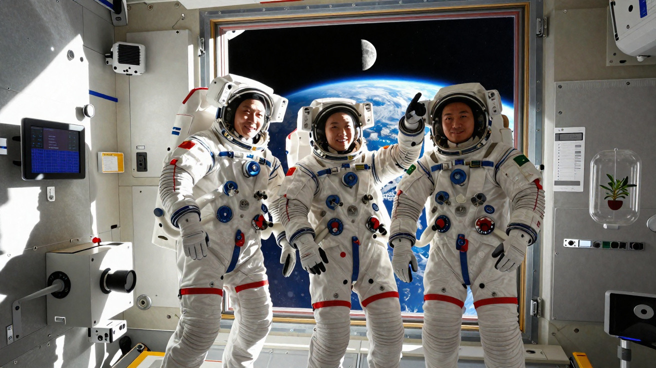 Três astronautas em fatos espaciais dentro da estação espacial com a Terra e a Lua ao fundo pela janela.