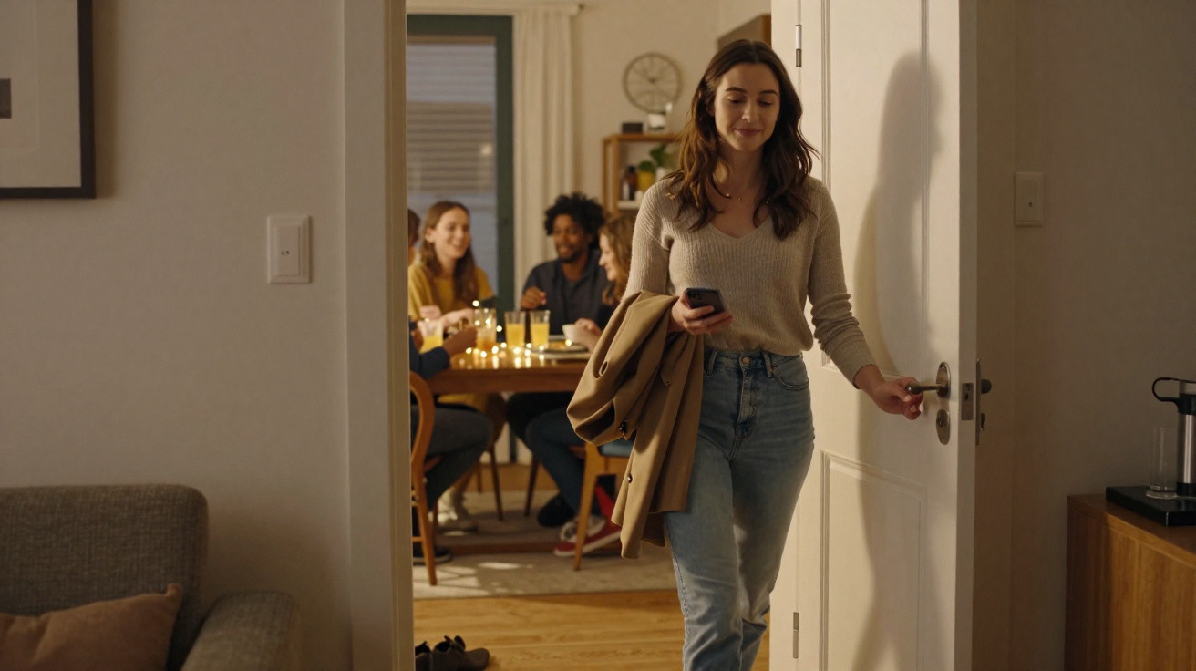 Mulher a entrar numa sala onde quatro amigos estão sentados à mesa a conversar e a rir.