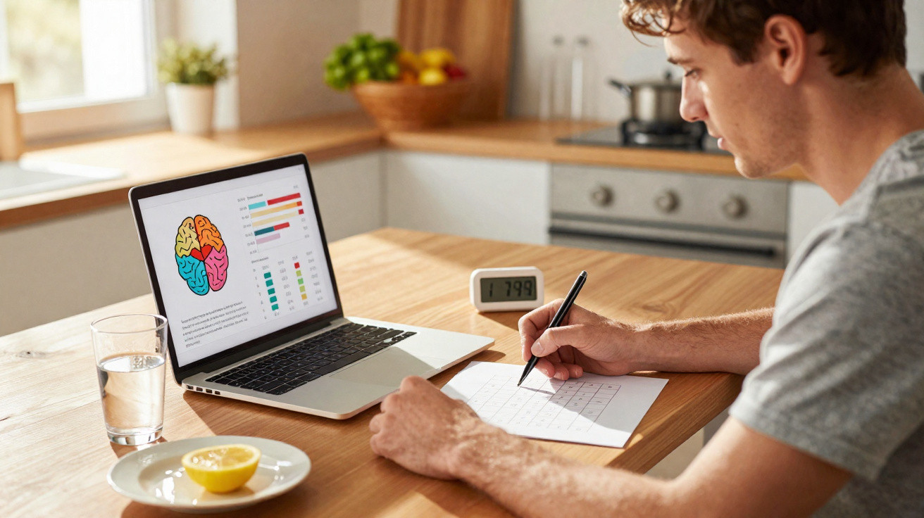 Homem a fazer apontamentos com gráfico cerebral no ecrã do computador numa mesa de cozinha.