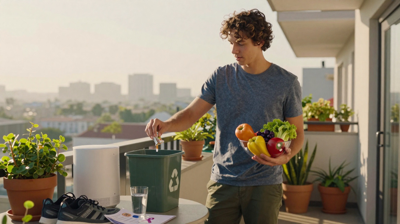 Jovem a reciclar cápsulas de café num contentor verde numa varanda com plantas e fruta na mão.