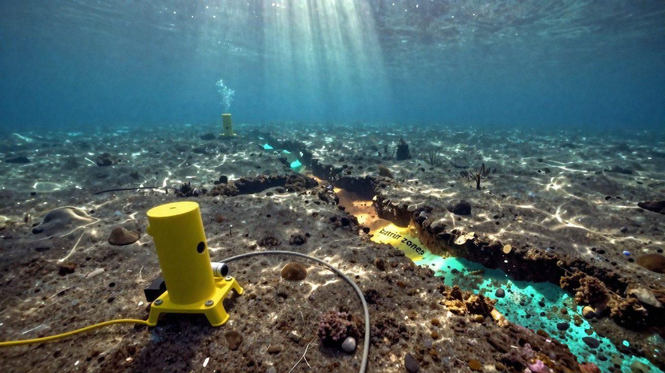 Instrumento amarelo submerso no fundo do mar junto a uma fissura iluminada em azul com zona de ruptura marcada.