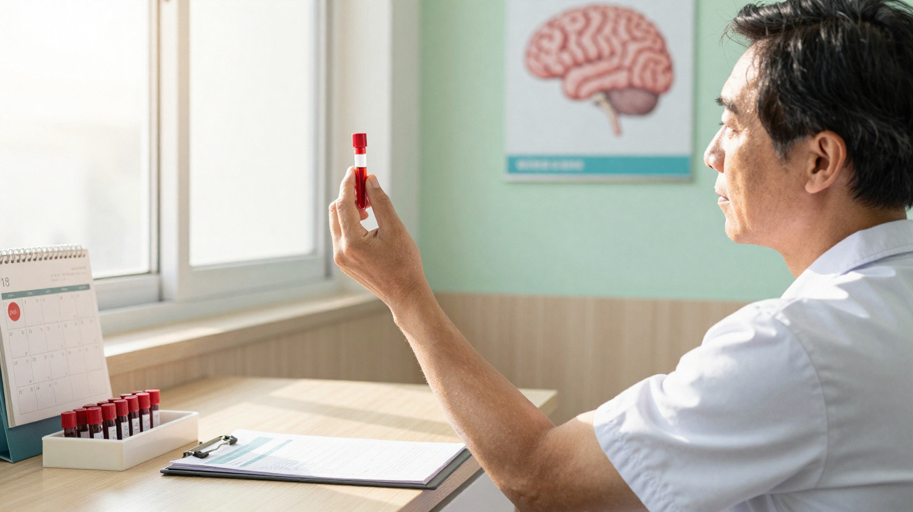 Médico analisa amostra de sangue em tubo com tampa vermelha numa clínica com imagem do cérebro na parede.