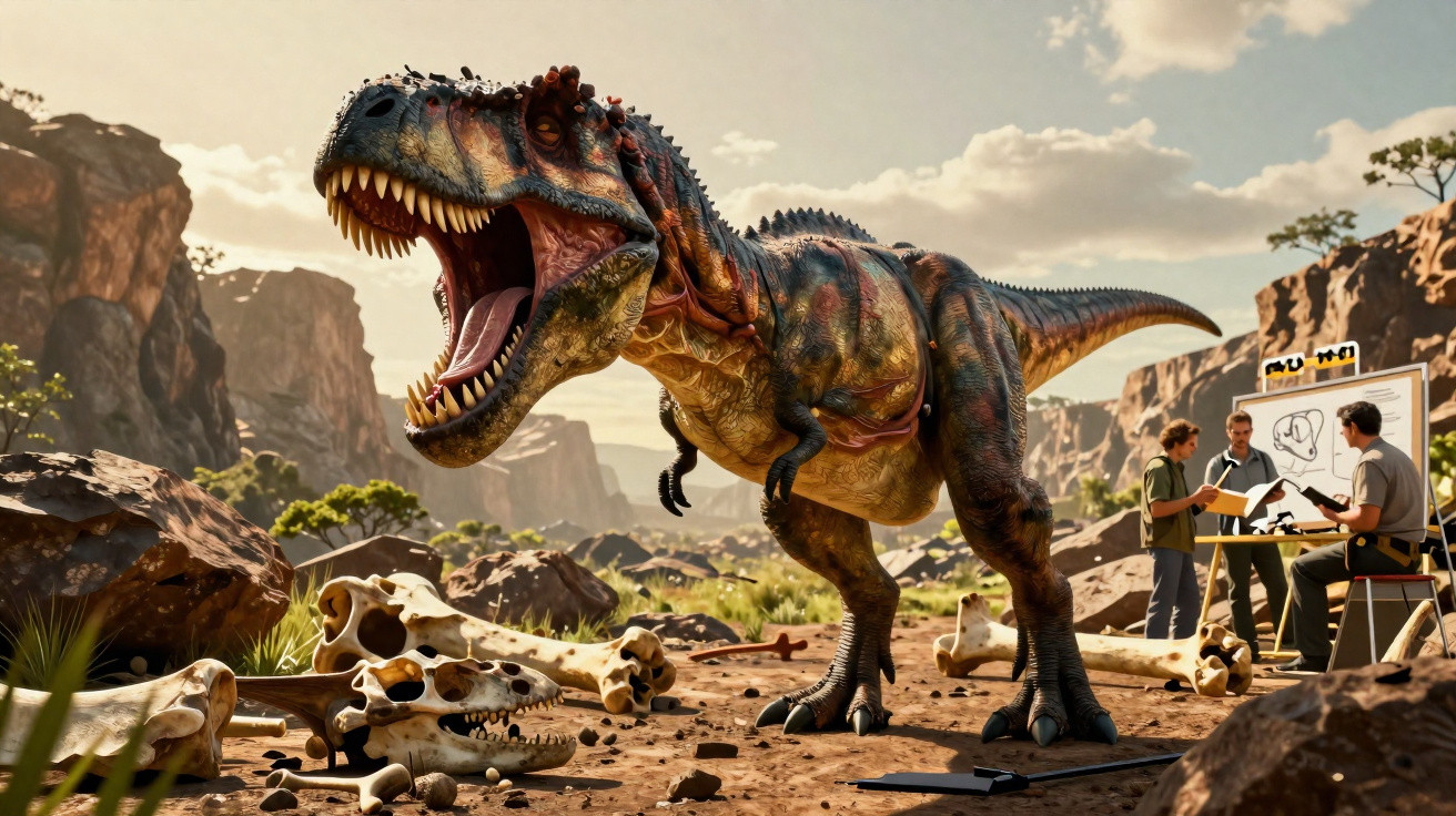 Dinossauro Tiranossauro rex rugindo rodeado por ossos fósseis em cenário rochoso, com três pessoas a estudar perto.