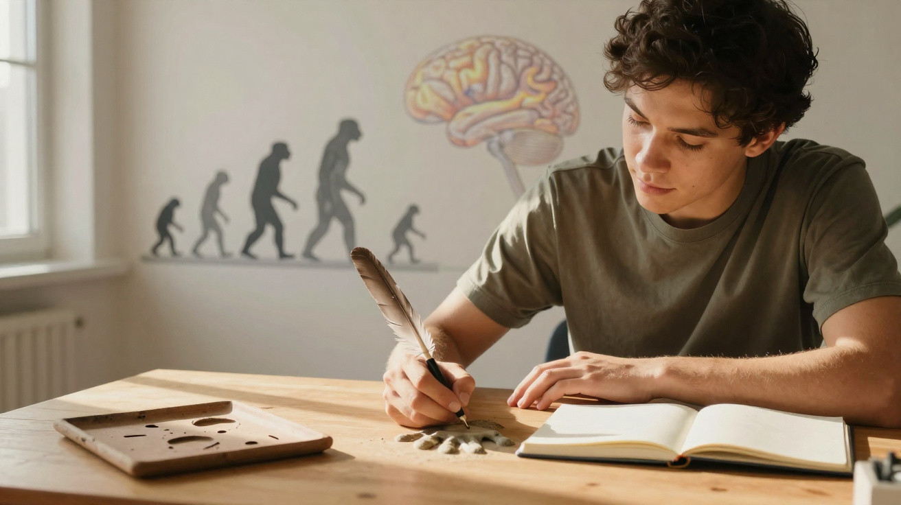 Jovem a desenhar fósseis com pena, mesa com livro aberto, fundo com ilustrações de evolução humana e cérebro.