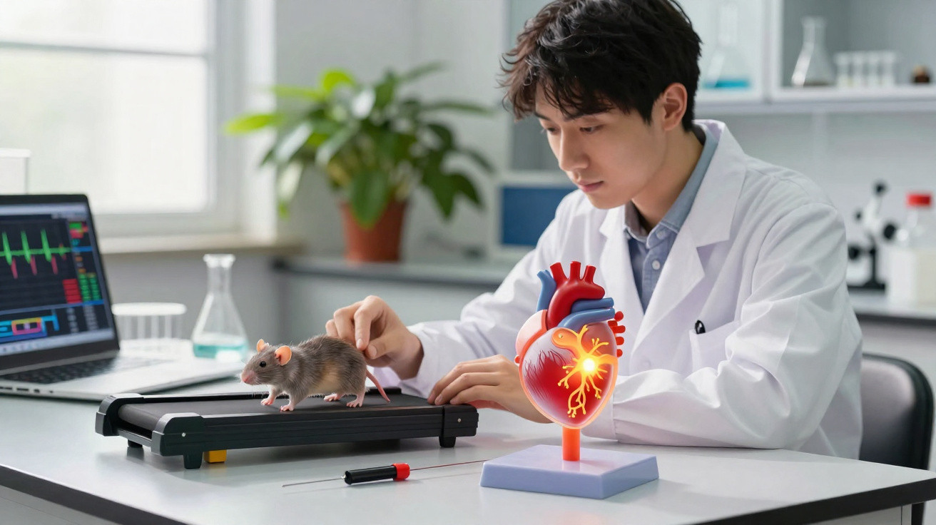 Cientista em laboratório observa rato em mini tapete e modelo anatómico de coração para estudos cardíacos.