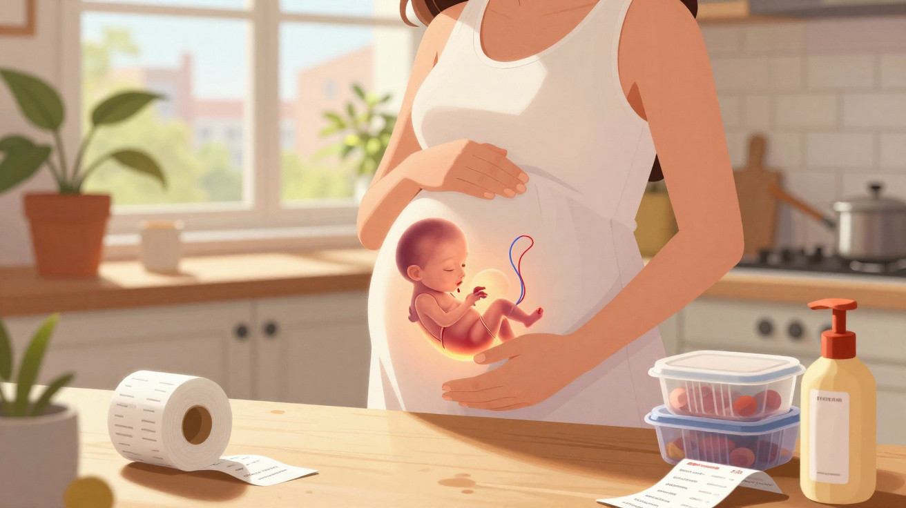 Mulher grávida na cozinha com ilustração de bebé visível na barriga, segurando-a com as mãos.