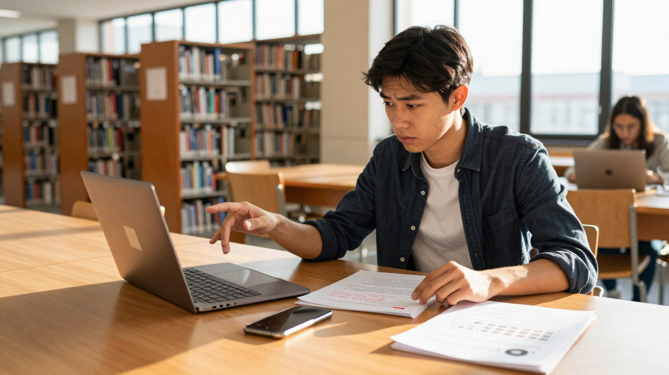 Jovem estudante a trabalhar com portátil e documentos numa biblioteca iluminada pelo sol.
