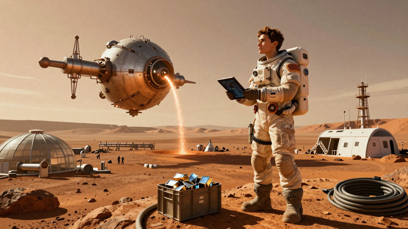Astronauta na superfície marciana observa dispositivo voador com líquido luminoso perto de base científica futurista.