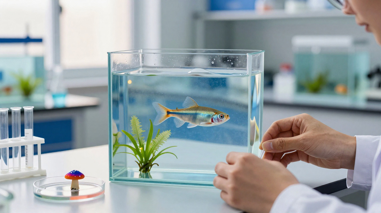 Peixe colorido num aquário de laboratório com plantas, mãos de cientista e tubos de ensaio ao lado.