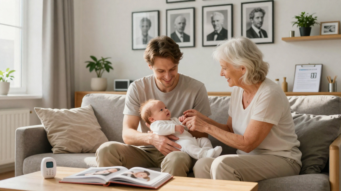 Homem e mulher mais velha sentados no sofá a brincar com um bebé sorridente num ambiente acolhedor.