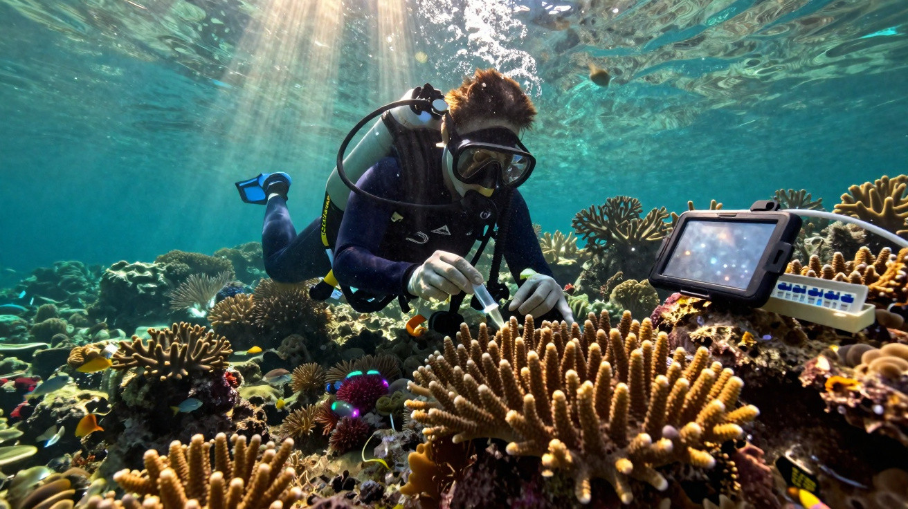 Mergulhador a analisar corais subaquáticos com equipamento científico e tablet num recife marinho iluminado.
