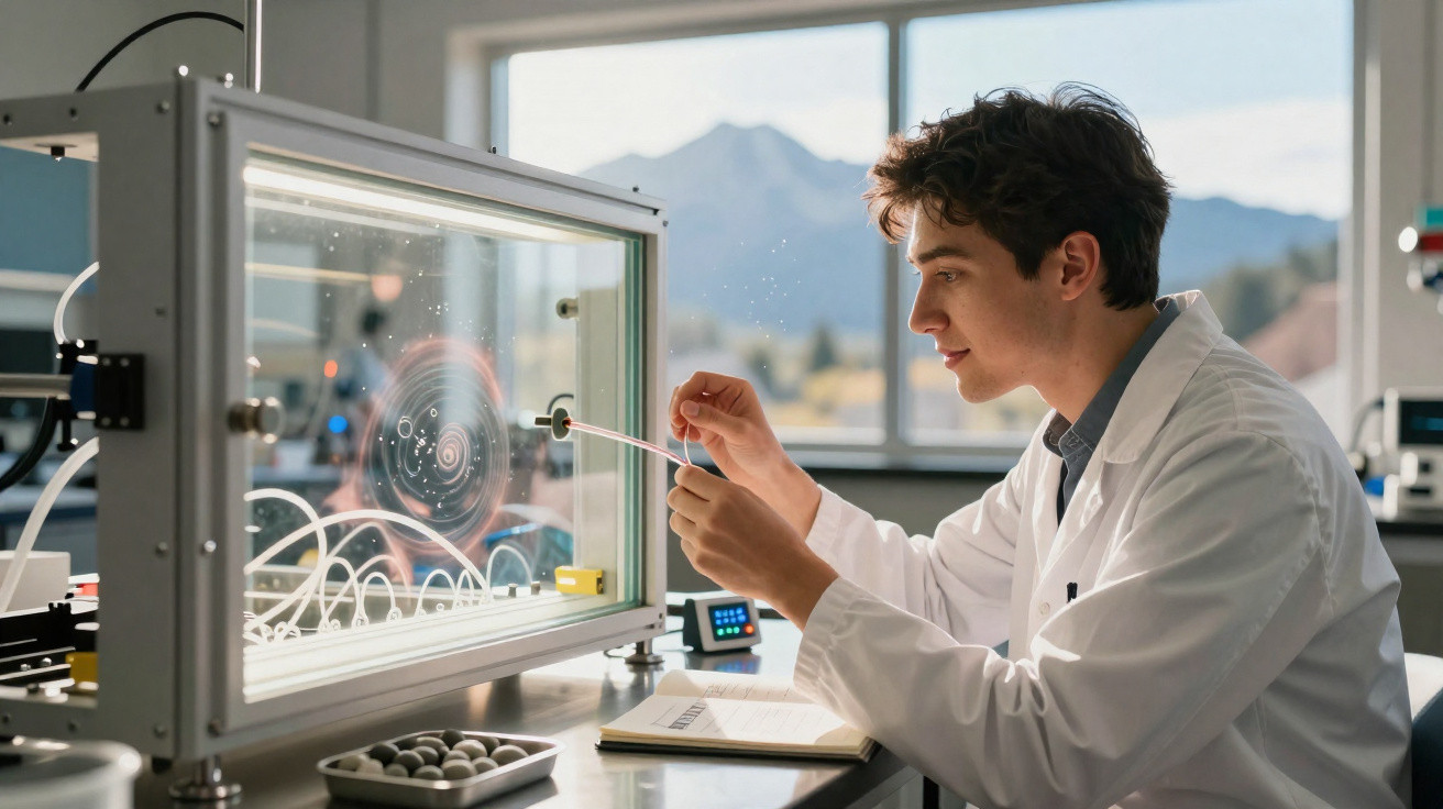 Cientista jovem a manipular equipamento tecnológico num laboratório com janela e montanhas ao fundo.