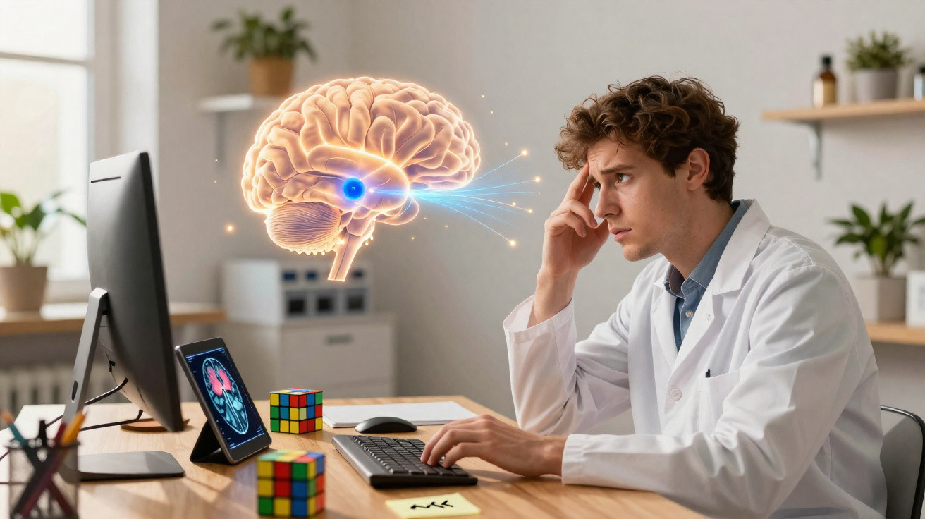 Cientista a analisar imagem digital do cérebro no computador enquanto está no escritório moderno.