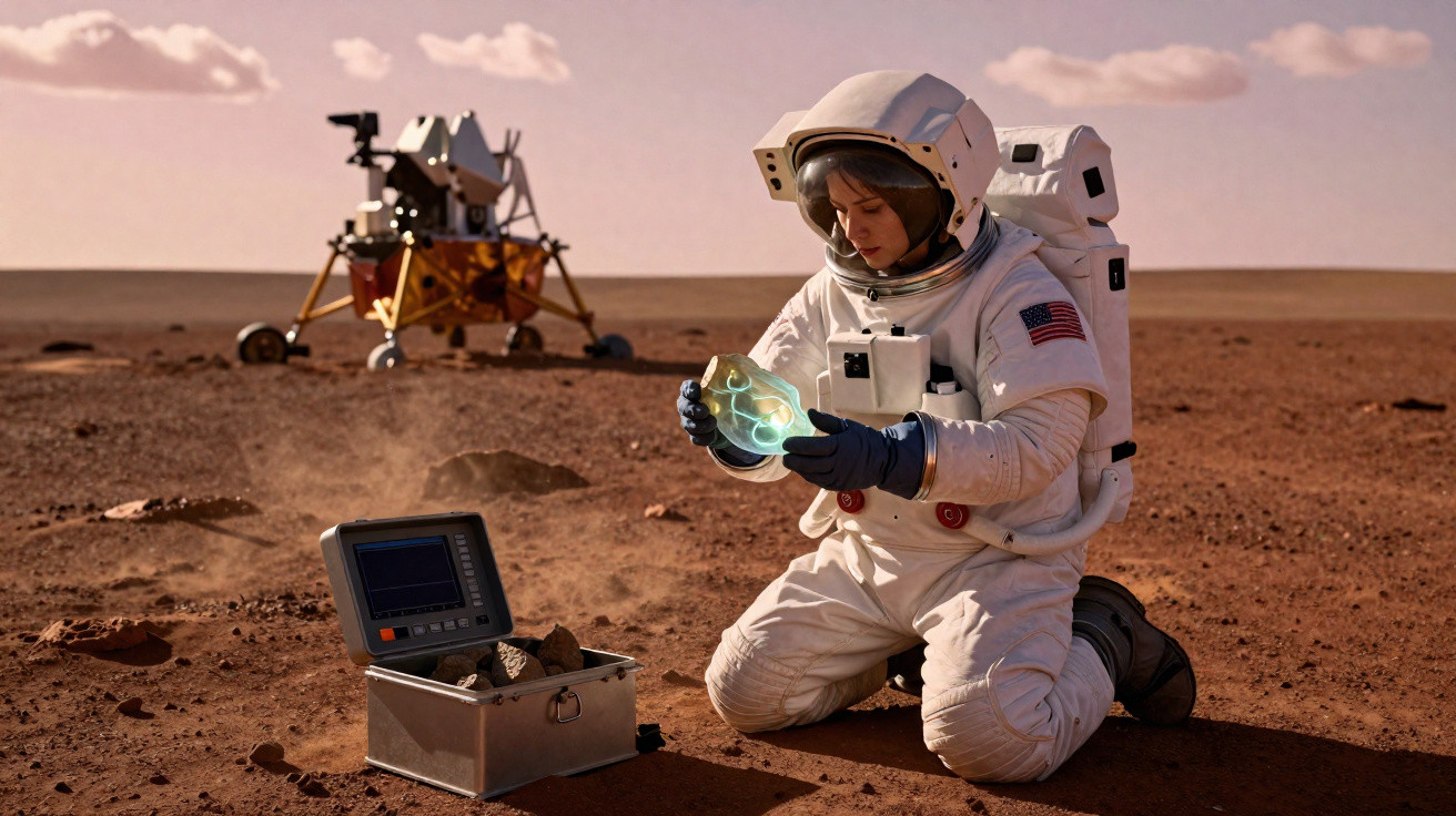 Astronauta com fato espacial branco examina objeto transparente luminoso num terreno árido com módulo lunar ao fundo.