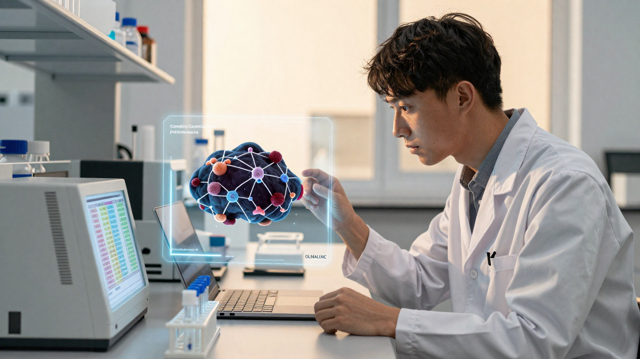 Cientista em laboratório a analisar modelo 3D de molécula num ambiente tecnológico avançado.