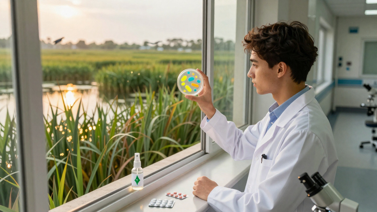 Cientista em laboratório a observar placa de cultura bacteriana junto a janela com vista para campo.