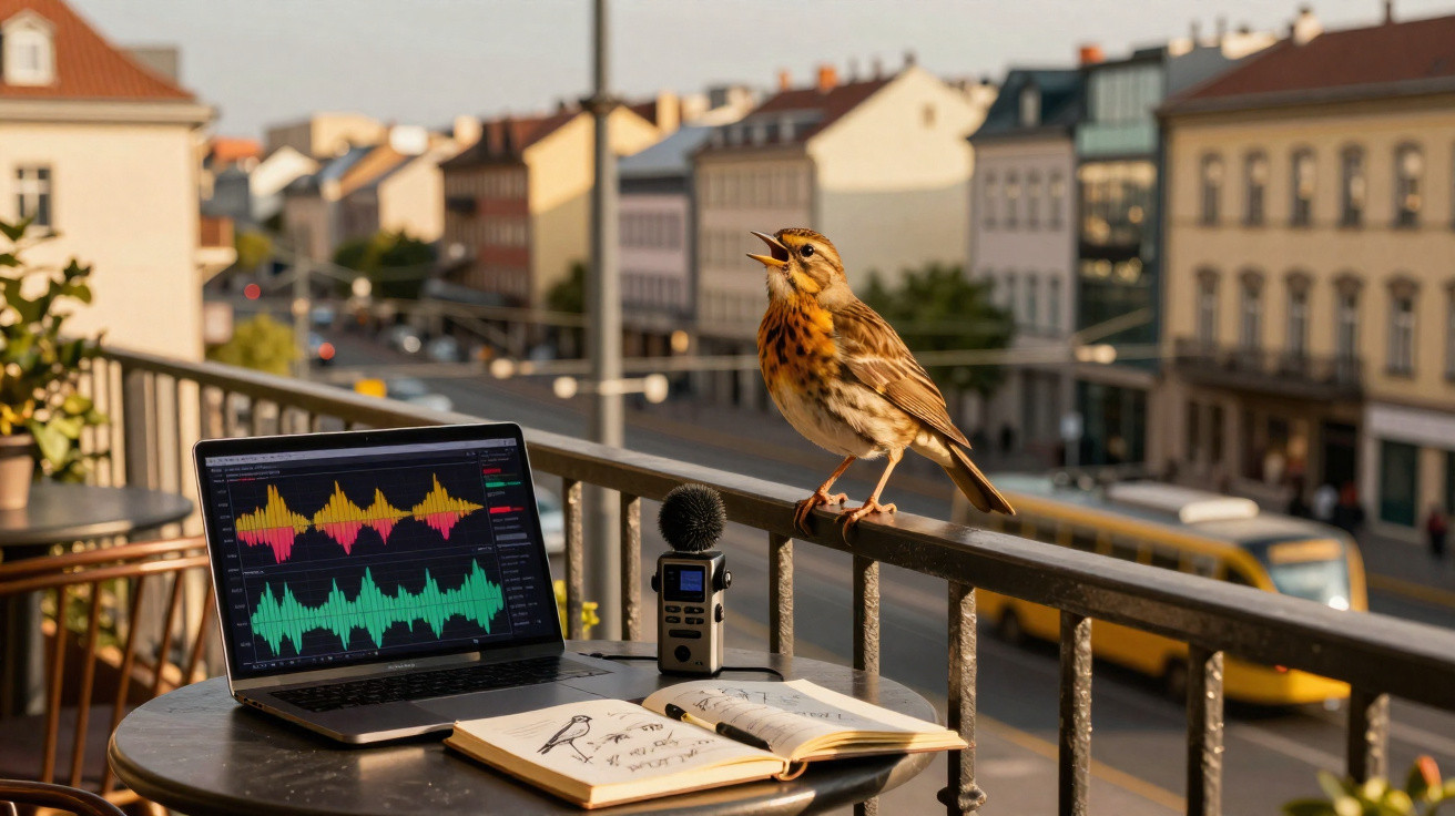 Pássaro canta numa varanda junto a computador, gravador de som e caderno de notas com desenhos de aves.