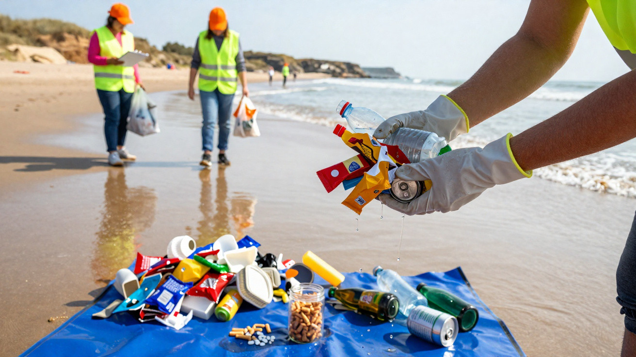 Voluntários recolhem lixo plástico e latas na praia durante ação ambiental de limpeza costeira.