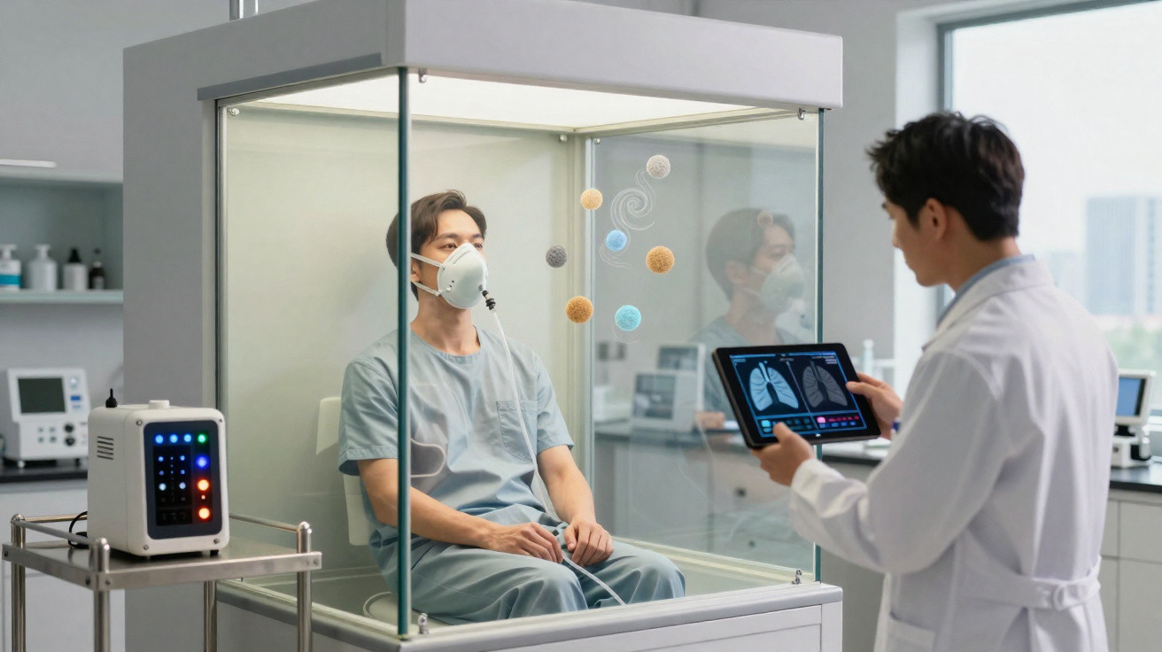 Paciente com máscara num cubículo transparente enquanto médico analisa imagens pulmonares num tablet.