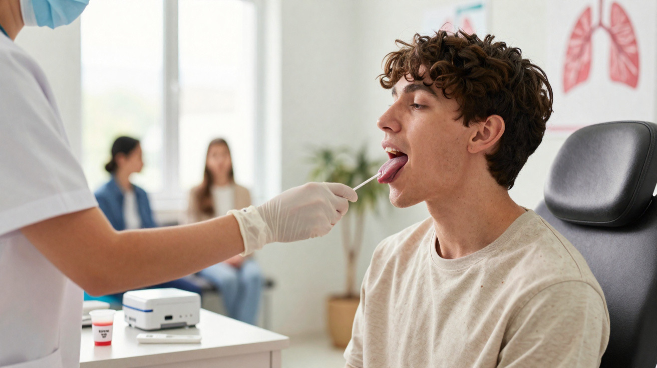 Paciente jovem com a língua de fora a ser examinado por profissional de saúde com máscara e luvas.