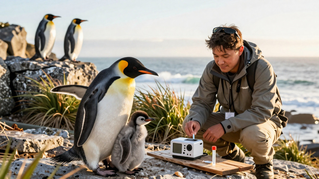 Investigador junto a pinguins-imperadores e um pinguim bebé num habitat rochoso junto ao mar.