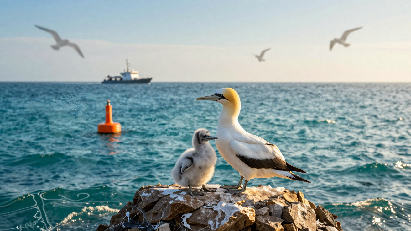 Gaivota adulta com filhote numa rocha junto ao mar, com barco e bóia ao fundo, sob céu azul.