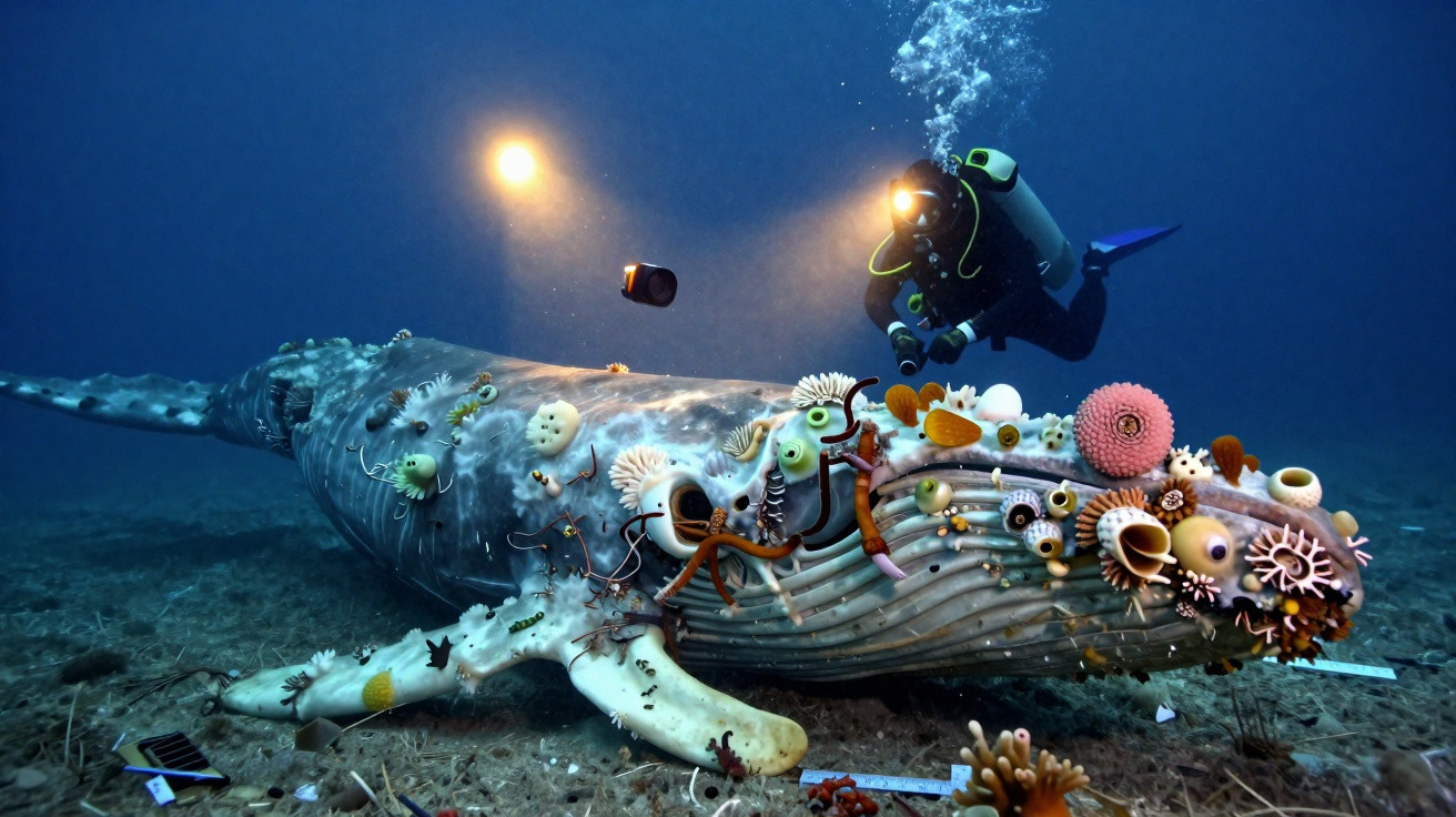 Mergulhador a iluminar baleia morta no fundo do mar coberta de organismos marinhos.