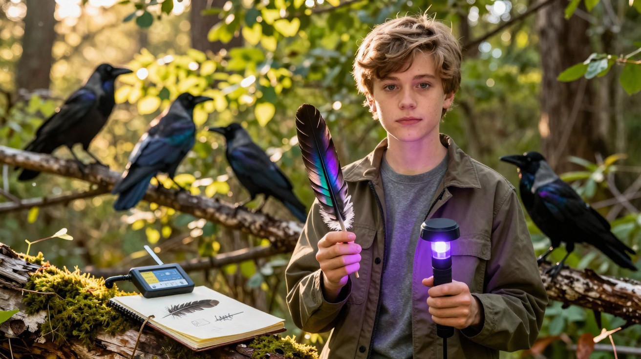 Jovem com pena colorida e lâmpada UV cerca de corvos num bosque iluminado pelo sol.