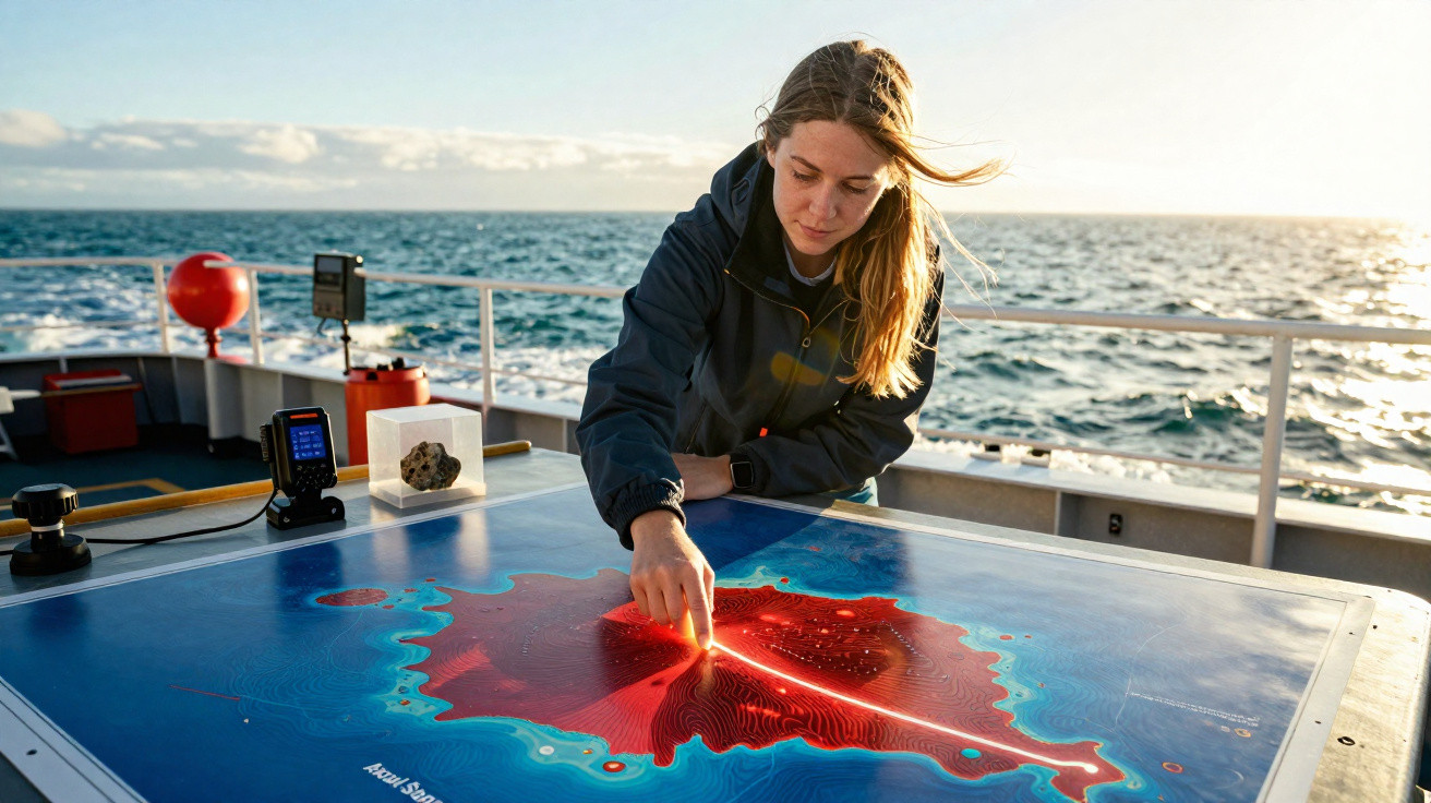 Mulher a analisar mapa topográfico de ilha numa mesa ao ar livre no convés de um barco.