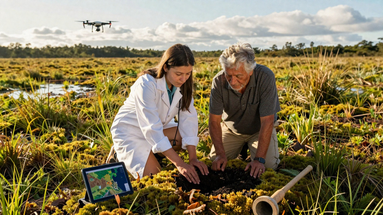 Dois cientistas analisam solo num campo aberto com drone e tablet para monitoramento ambiental.