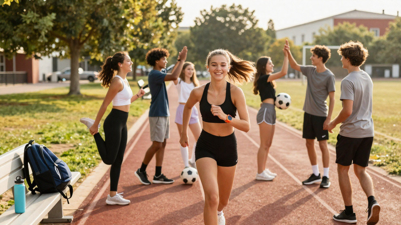 Jovem a correr na pista de atletismo com grupo de adolescentes a socializar e alongar ao fundo.