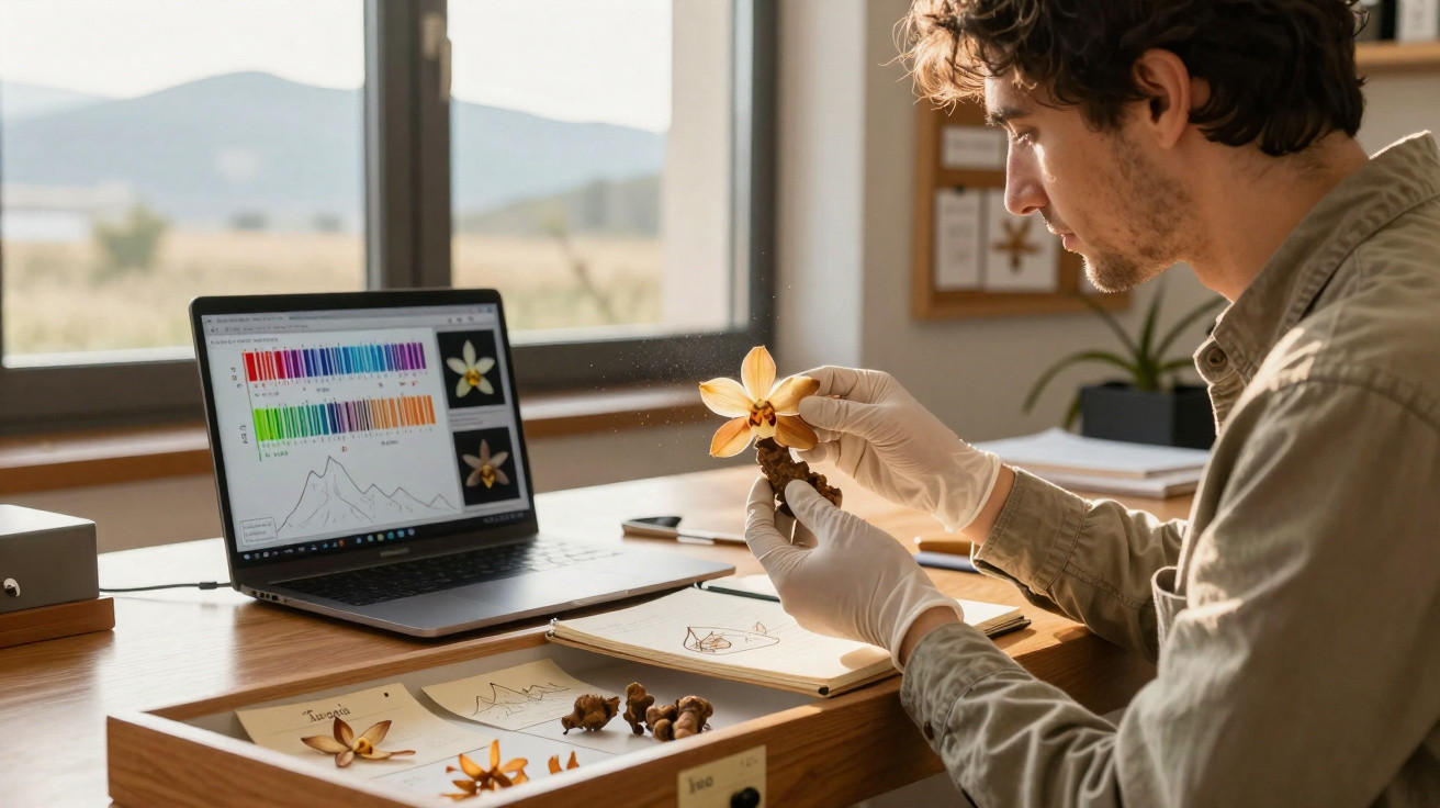 Cientista analisa flor seca com luvas, com gráficos de dados na tela do computador ao fundo.