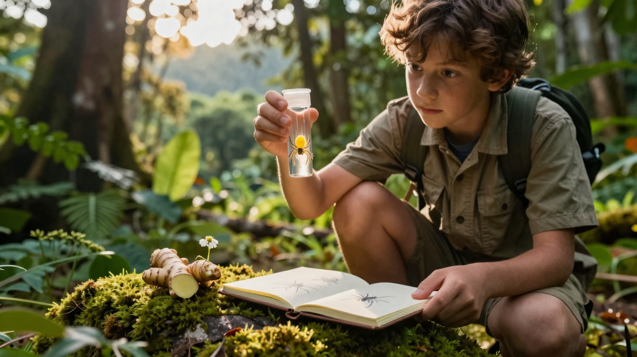 Criança observando aranha num tubo de ensaio, com caderno de desenhos e plantas ao redor na floresta.