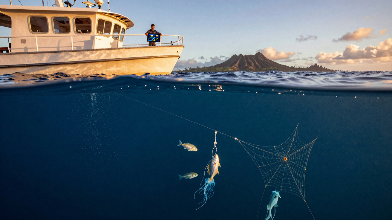 Barco de pesca com isco de polvo e peixes na água, ermo montanhoso ao fundo ao pôr do sol.