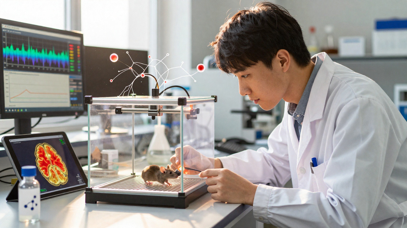 Cientista em bata branca observa rato em cubículo de vidro, com monitores e acessórios de laboratório ao fundo.