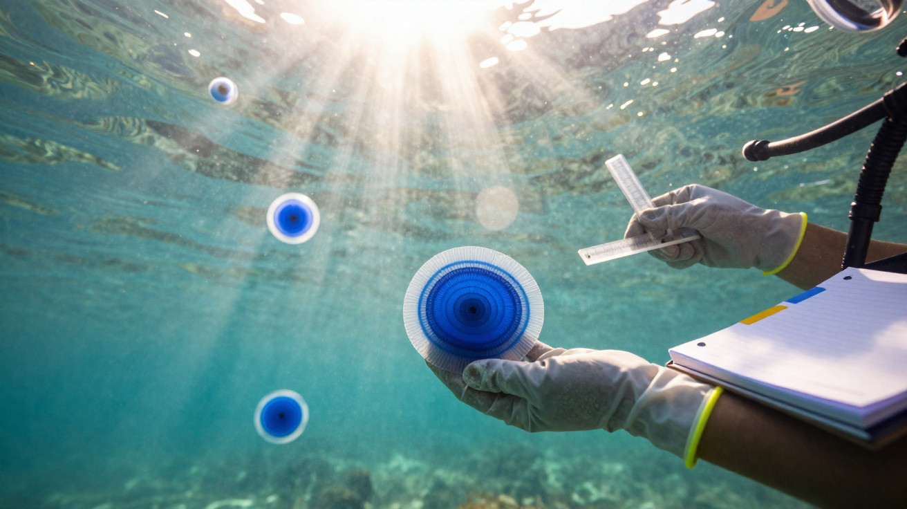 Mergulhador com luvas a medir amostras azuis flutuantes em água transparente com luz solar a penetrar.