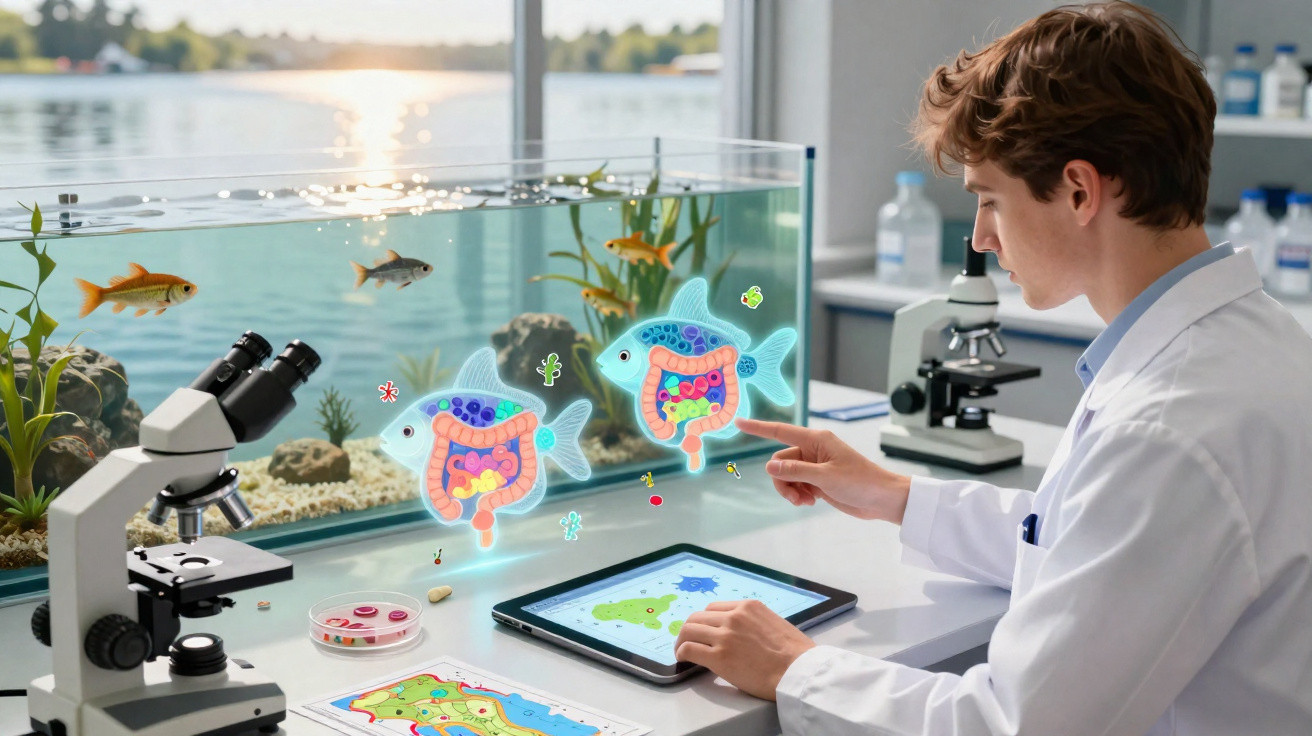 Cientista em laboratório analisa peixes com hologramas digitais do sistema digestivo numa mesa com microscópio.