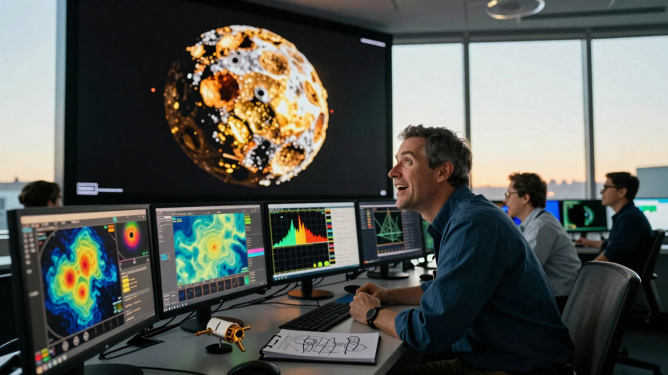 Homem a analisar dados científicos em vários ecrãs num laboratório com imagem da lua projetada numa grande tela.
