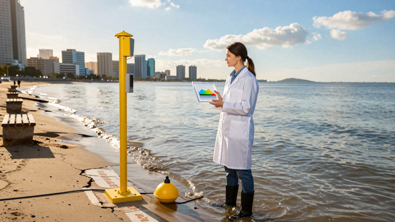 Cientista com bata branca e botas mede qualidade da água na beira de uma cidade costeira.