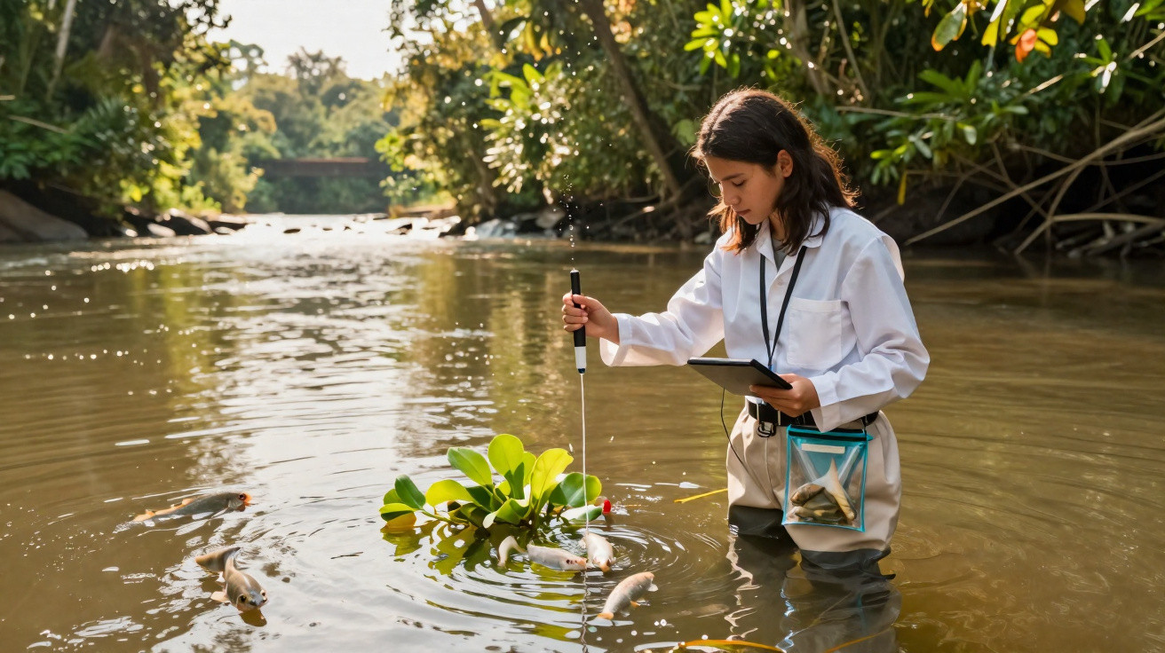 Jovem cientista recolhe amostras de água e peixes num rio rodeado de vegetação densa.