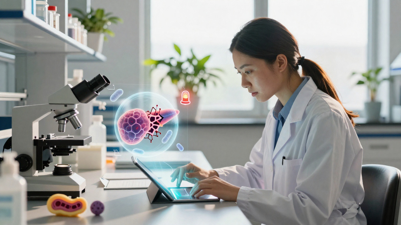 Cientista em laboratório a analisar uma imagem digital 3D de célula com tablet e microscópio ao lado.