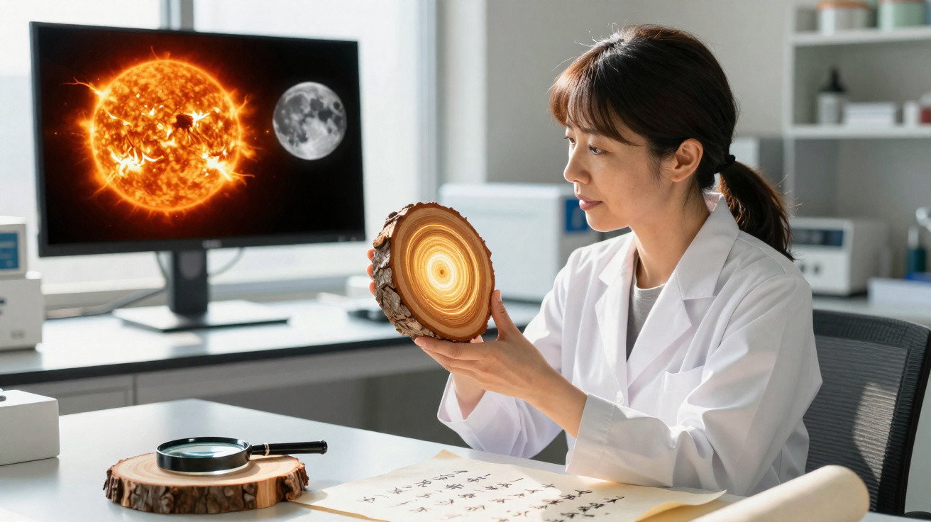 Mulher cientista em laboratório a analisar secção transversal de tronco de árvore com imagens do Sol e da Lua ao fundo.