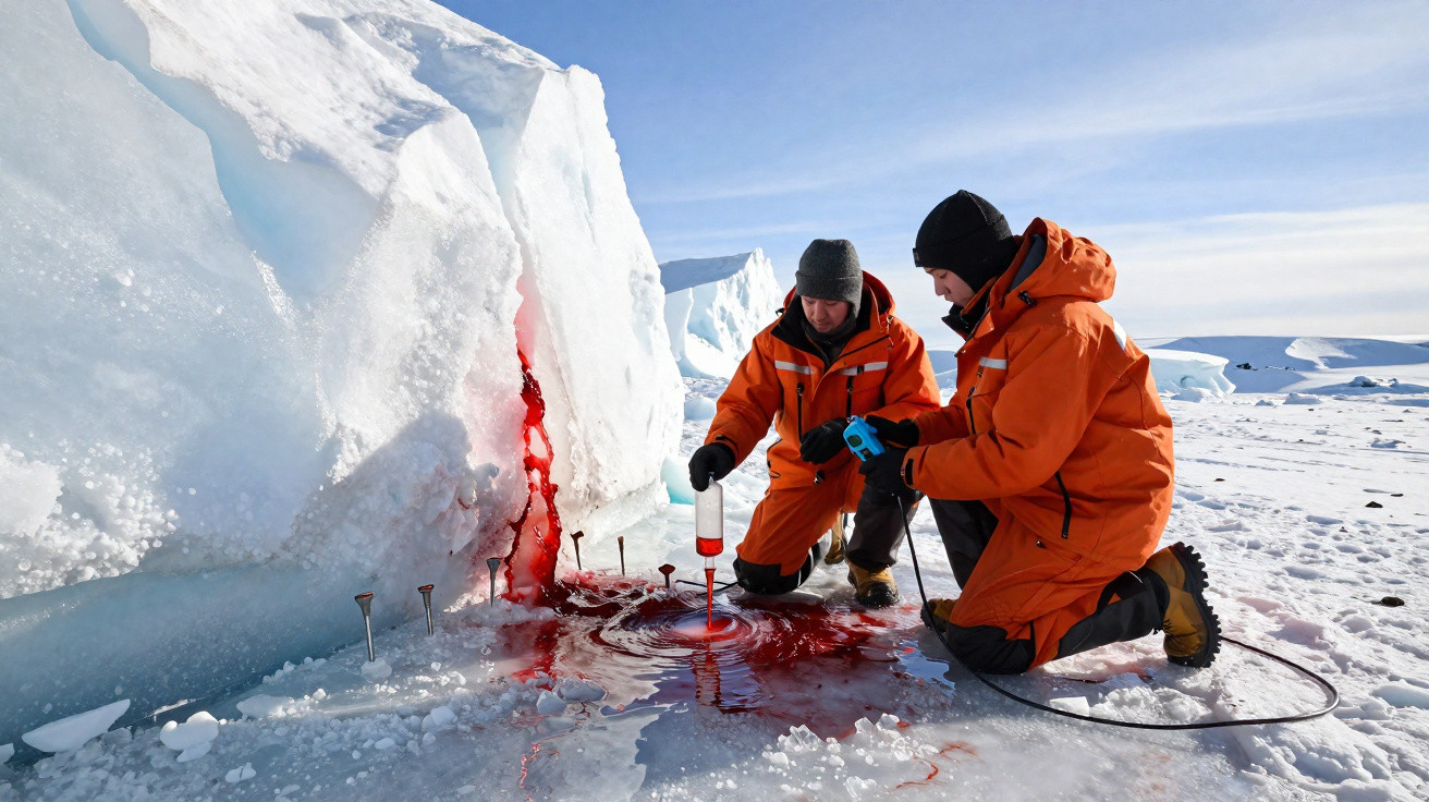 Dois cientistas em fatos laranja recolhem amostras de água vermelha de gelo polar com instrumentos científicos.