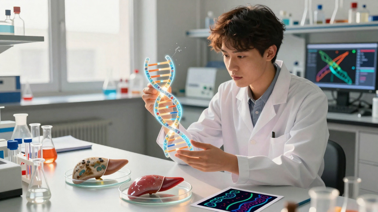 Cientista em laboratório a analisar modelo digital de dupla hélice de ADN acima de fígados em placas de petri.