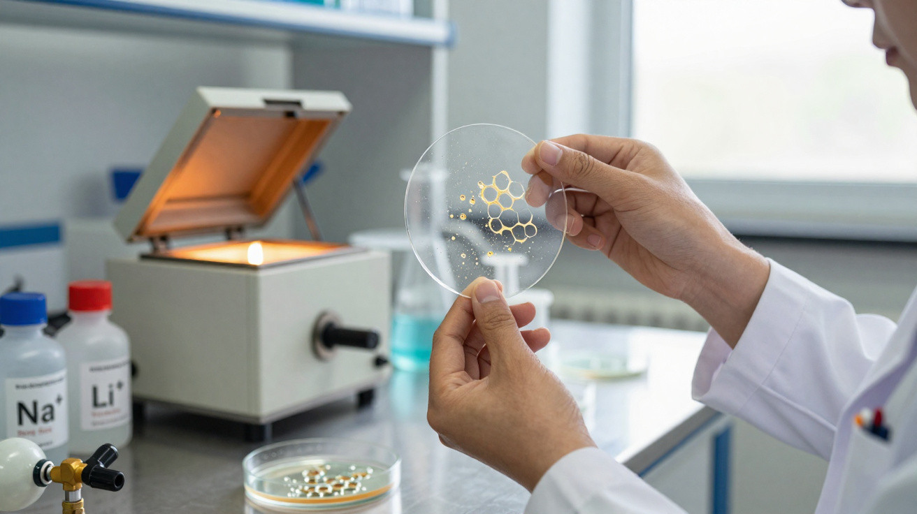 Mãos de cientista segurando placa de Petri com amostras douradas numa bancada de laboratório.