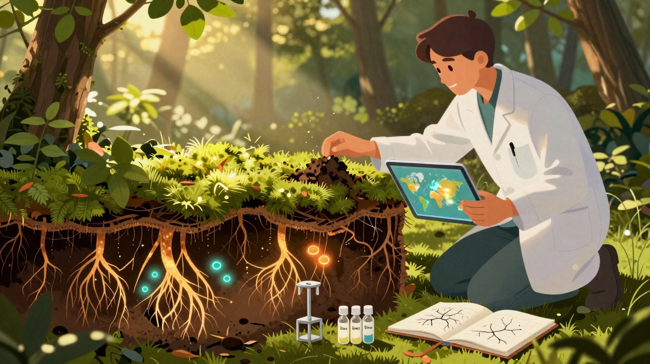 Cientista analisa amostras de solo e plantas numa floresta, com tablet e livro aberto ao lado.
