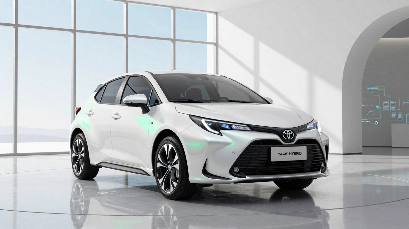 Carro branco Toyota Yaris Hybrid estacionado em interior moderno com grandes janelas e chão refletivo.